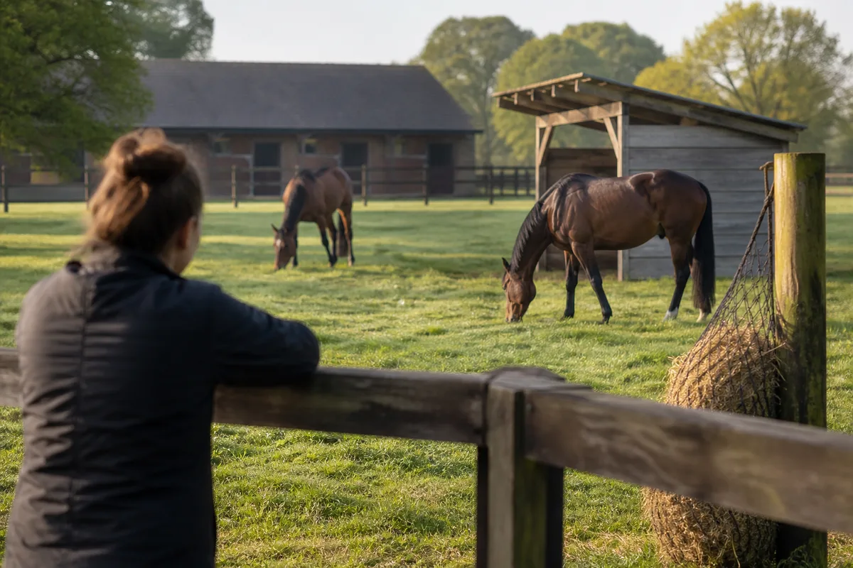Cheval au paddock observé par son propriétaire à la barrière
