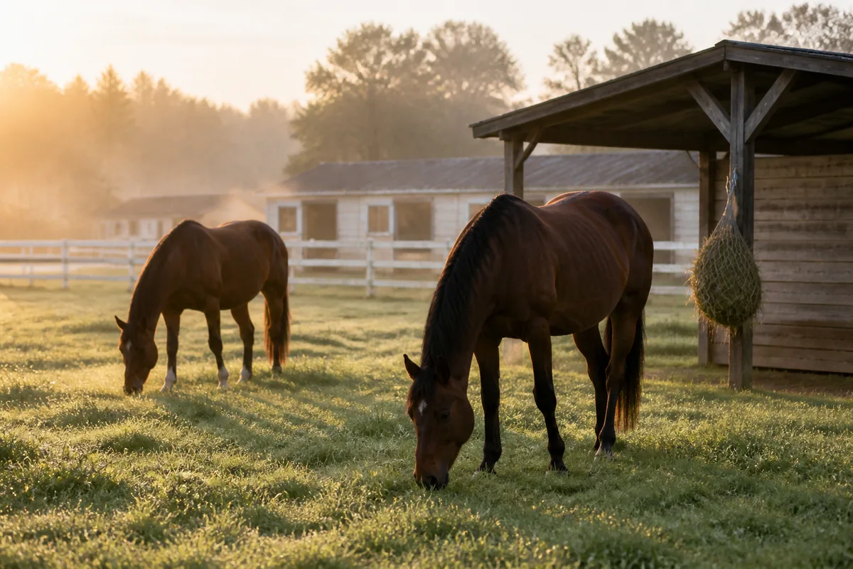 Chevaux au pré devant des abris en bois dans la lumière du matin