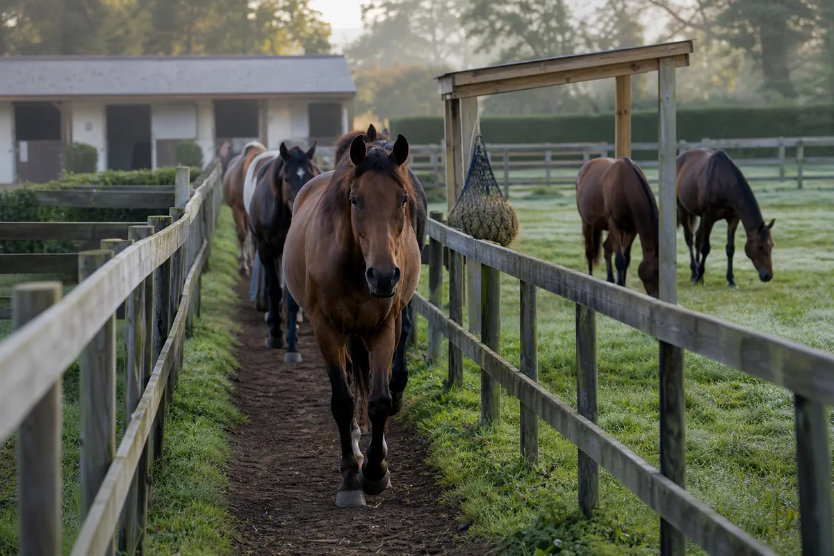 Couloir de circulation entre deux clôtures avec chevaux en file