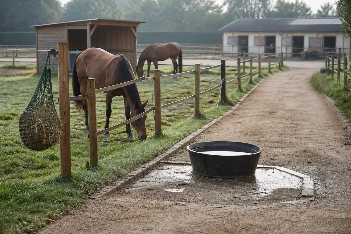 Point d&rsquo;eau et sol stabilisé sur un parcours pour chevaux