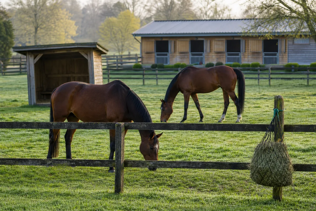 Chevaux au pré derrière une clôture et boxes ouverts en arrière-plan