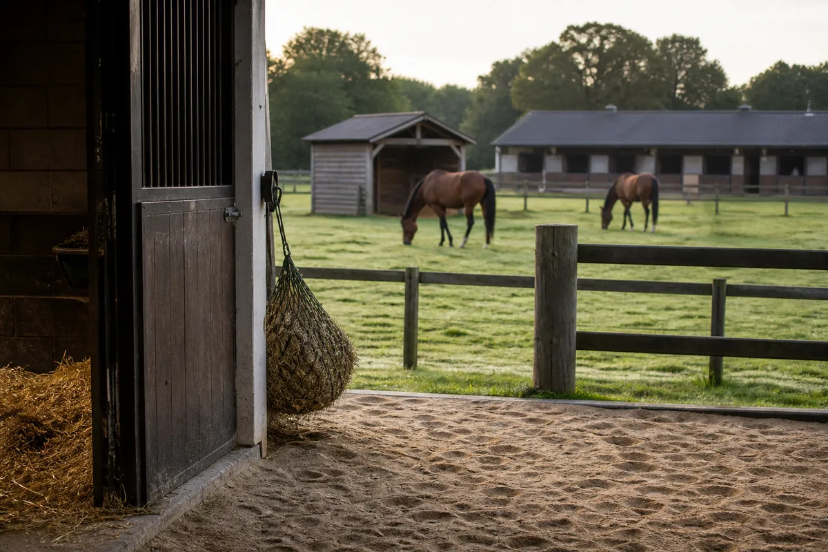 Box individuel paillé ouvert sur un paddock sablé