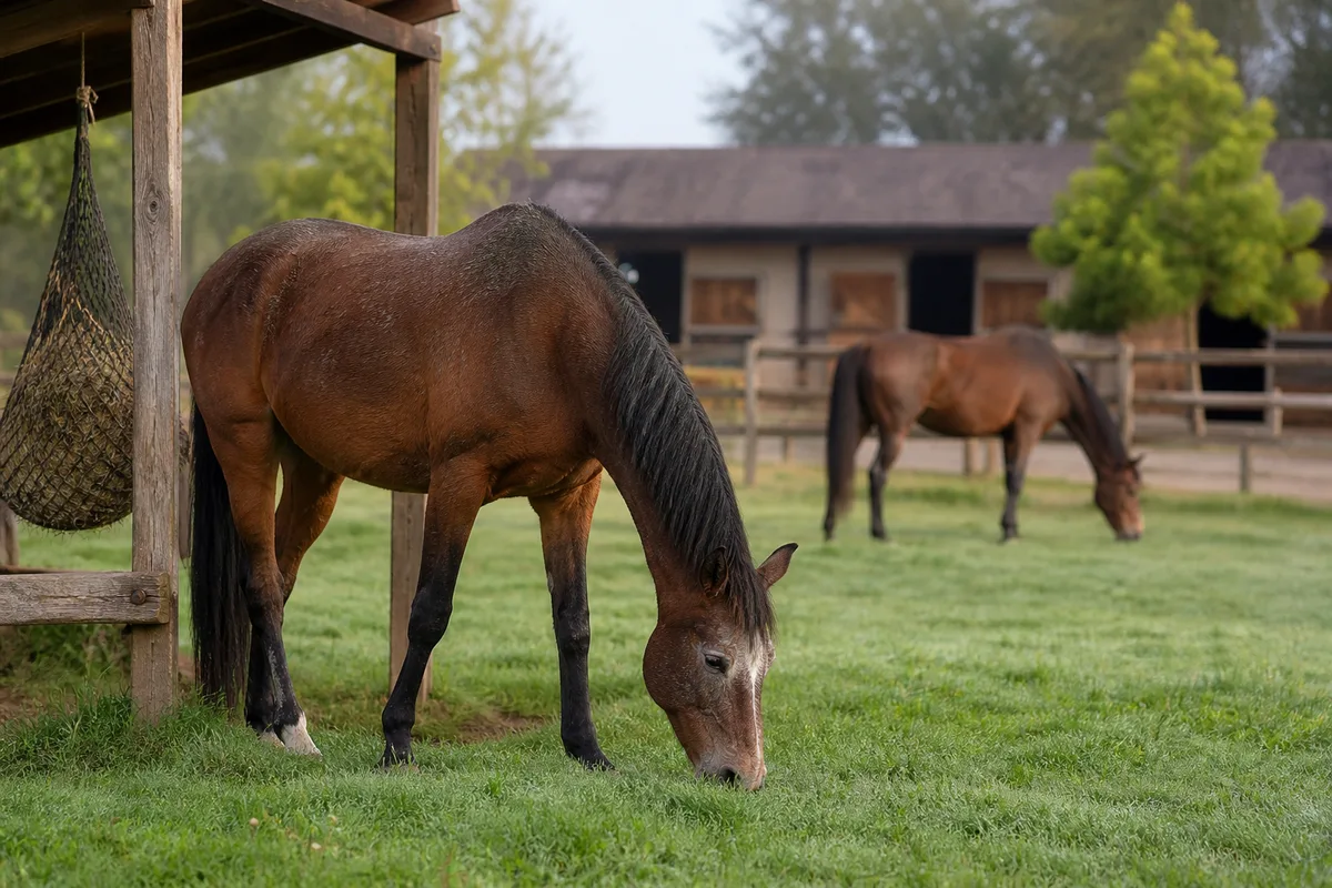 Cheval âgé au pré broutant près d’un abri en bois