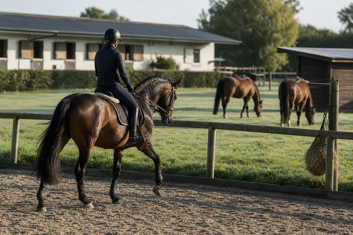 Cavalier professionnel travaillant un cheval en carrière